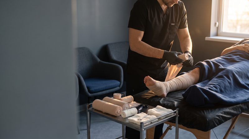 Bacağa çok katlı kompresyon bandajı uygulaması